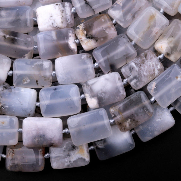 Icy! Natural Angel Chalcedony Beads Smooth Rectangle Beads With Interesting Black Dendritic Pattern Gemmy Translucent Gemstone 15.5" Strand