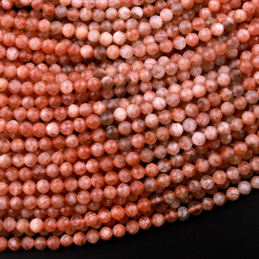 Faceted Natural Sunstone Round Beads 4mm Sparkling Micro Diamond Cut Gemstone 15.5" Strand