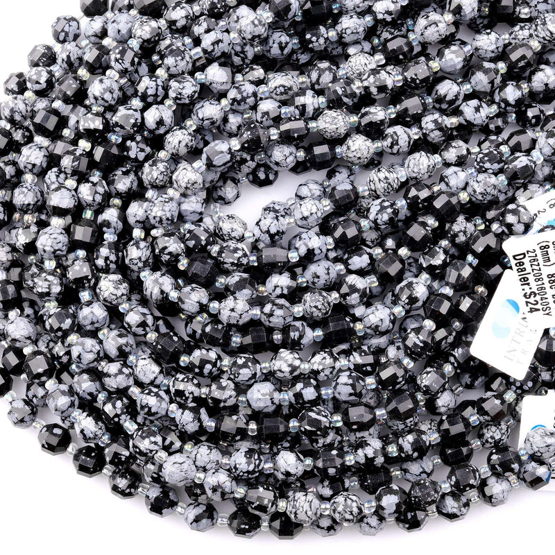 Faceted Snowflake Obsidian 8mm Beads Iridescent Energy Prism Double Terminated Point Cut 15.5" Strand