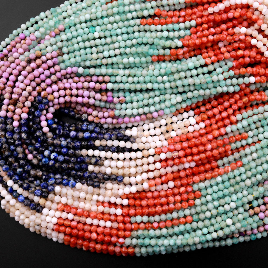 Micro Faceted Multicolor Mixed Gemstone Round Beads 3mm Lapis Russian Amazonite Phosphosiderite Mother of Pearl Red Agate 15.5" Strand