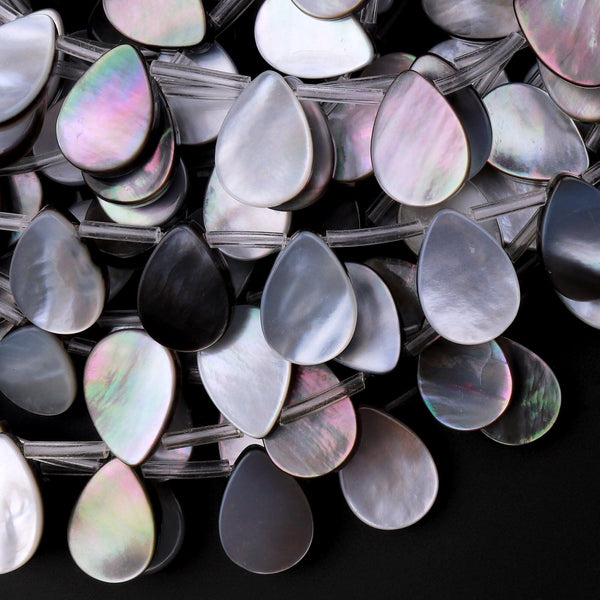 Natural Black Mother of Pearl Shell Beads Teardrop Top Side Drilled Iridescent Rainbow Overtone 15.5" Strand