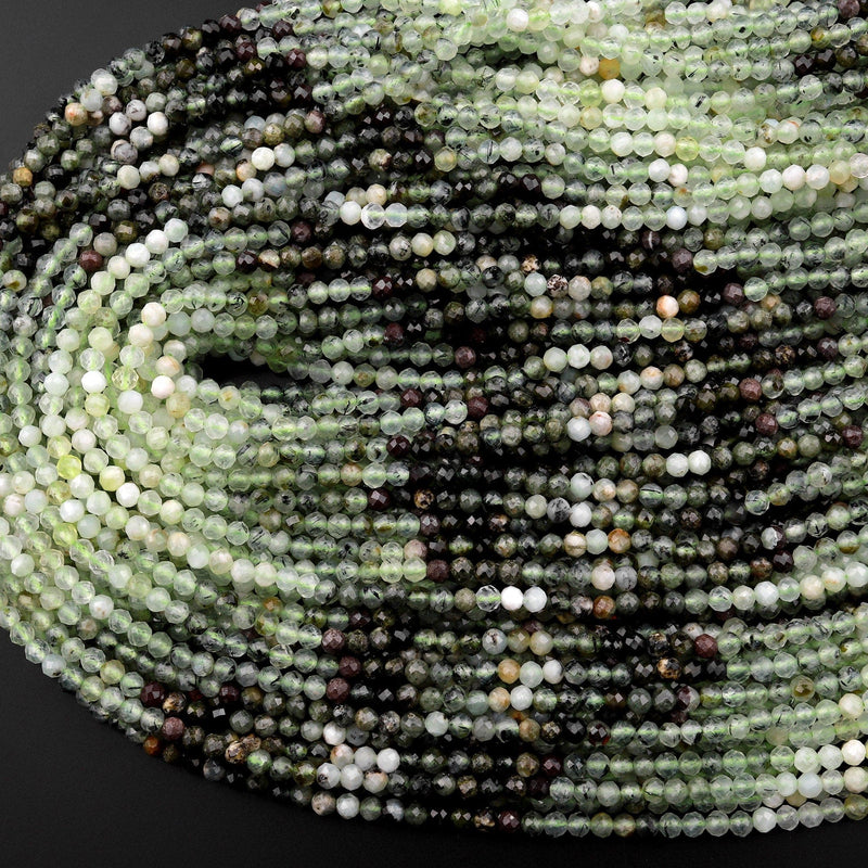 Micro Faceted Natural Multicolor Green Prehnite Round Beads 3mm 15.5" Strand