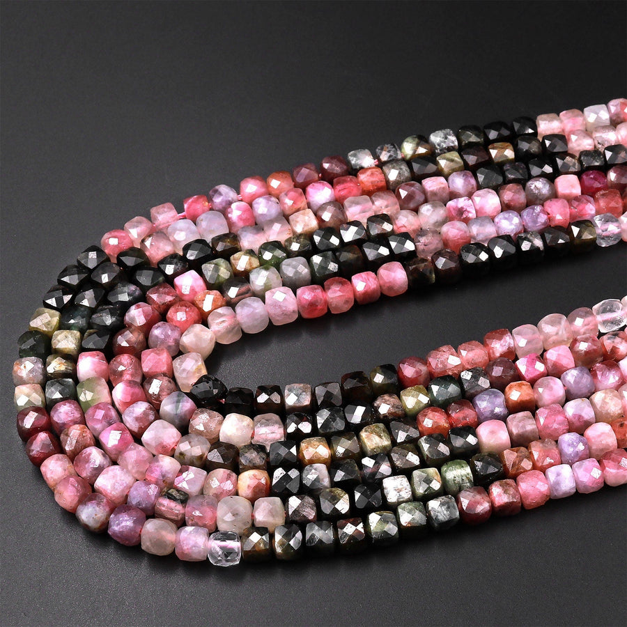 Natural Multicolor Green Pink Tourmaline Faceted 4mm Cube Beads Gemstone 15.5" Strand