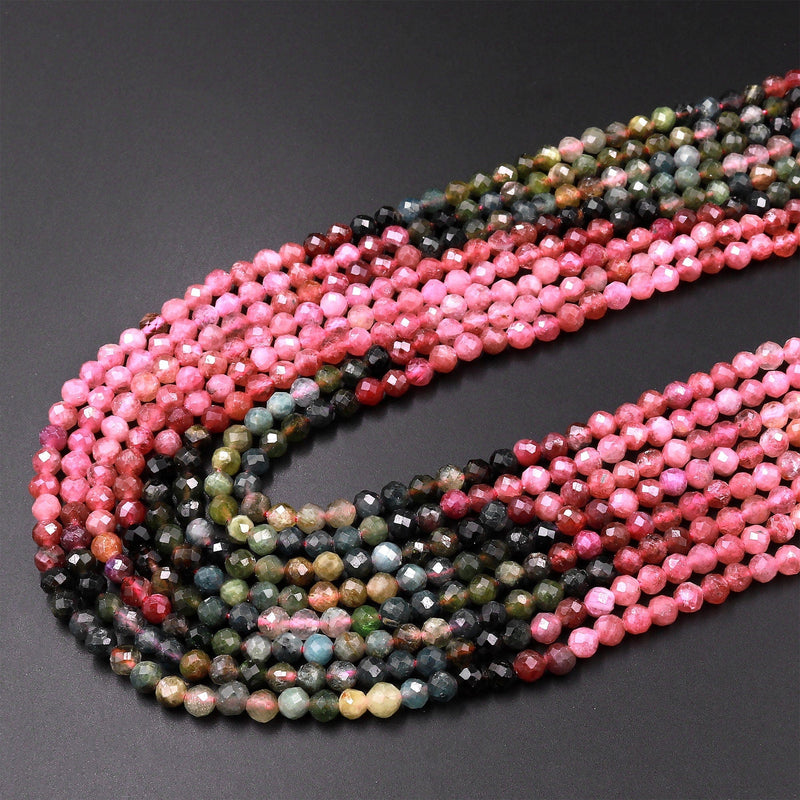 Natural Multicolor Tourmaline Micro Faceted 3mm 4mm Round Pink Green Blue Gemstone Beads 15.5" Strand