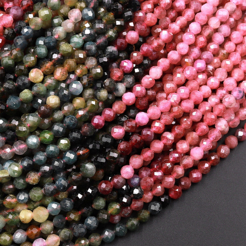 Natural Multicolor Tourmaline Micro Faceted 3mm 4mm Round Pink Green Blue Gemstone Beads 15.5" Strand