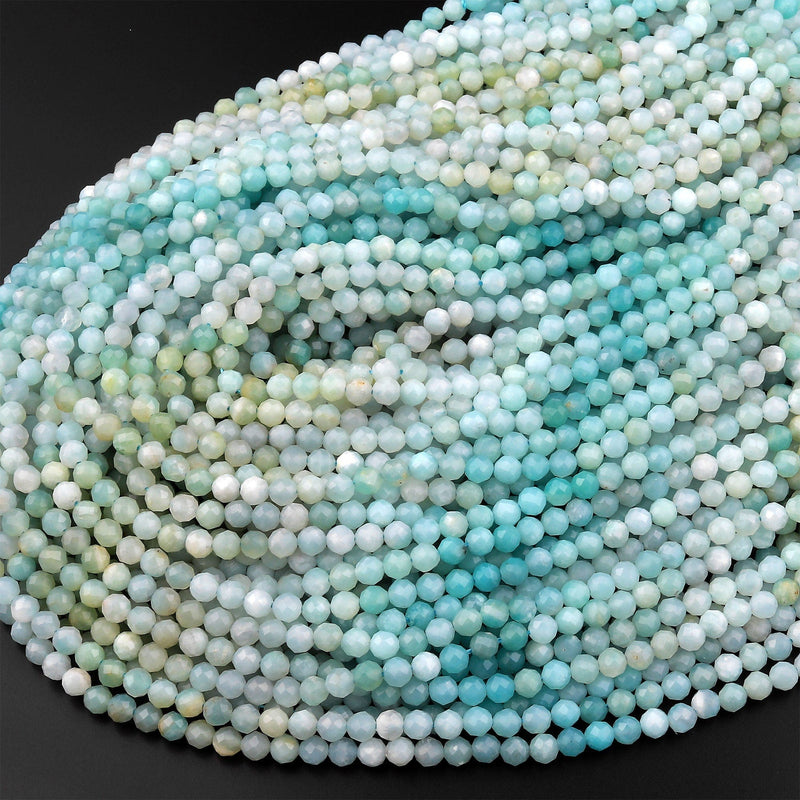 Brazilian Amazonite 4mm Faceted Round Beads Multi Shaded Natural Sea Blue Green Gemstone Micro Diamond Cut 15.5" Strand