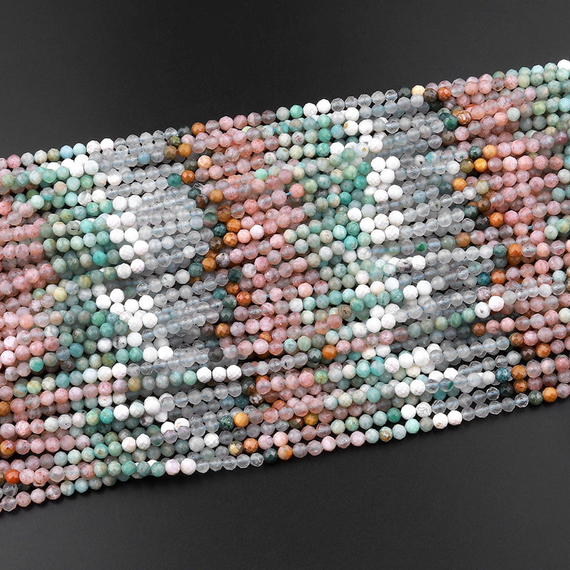 Micro Faceted Multicolor Mixed Gemstone Round Beads 3mm 4mm Amazonite Sunstone Aquamarine 15.5" Strand