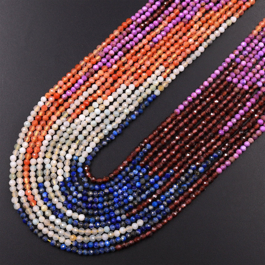 Micro Faceted Multicolor Mixed Gemstone Round Beads 2mm Lapis Garnet Amazonite Phosphosiderite Carnelian 15.5" Strand