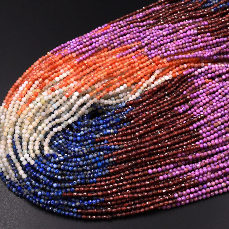 Micro Faceted Multicolor Mixed Gemstone Round Beads 2mm Lapis Garnet Amazonite Phosphosiderite Carnelian 15.5" Strand