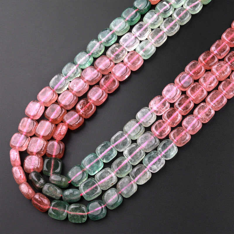 Natural Strawberry Quartz  8mm Square Beads Red Pink Green Gemstone 15.5" Strand