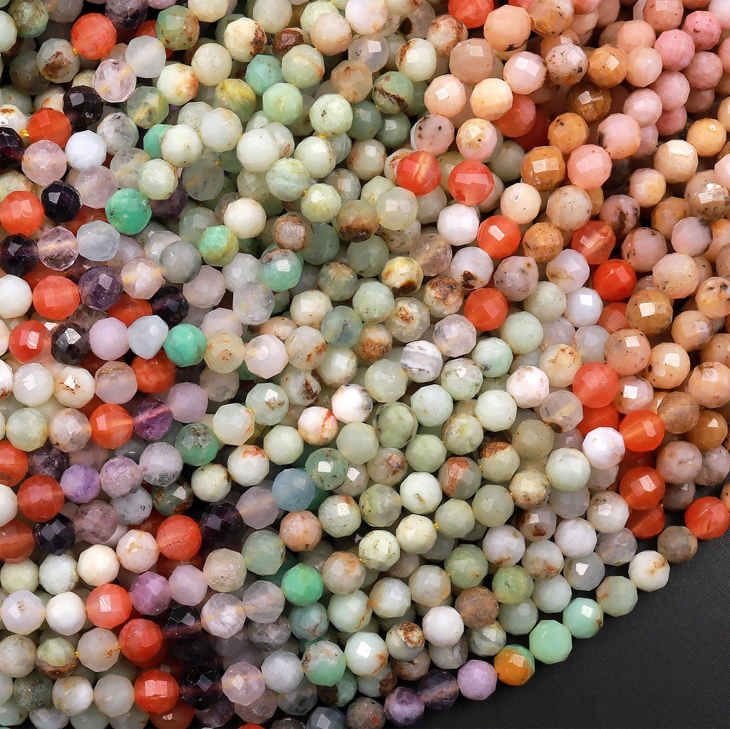 Micro Faceted Multicolor Mixed Gemstone Round Beads 4mm Chrysoprase Rhodonite Quartz 15.5" Strand