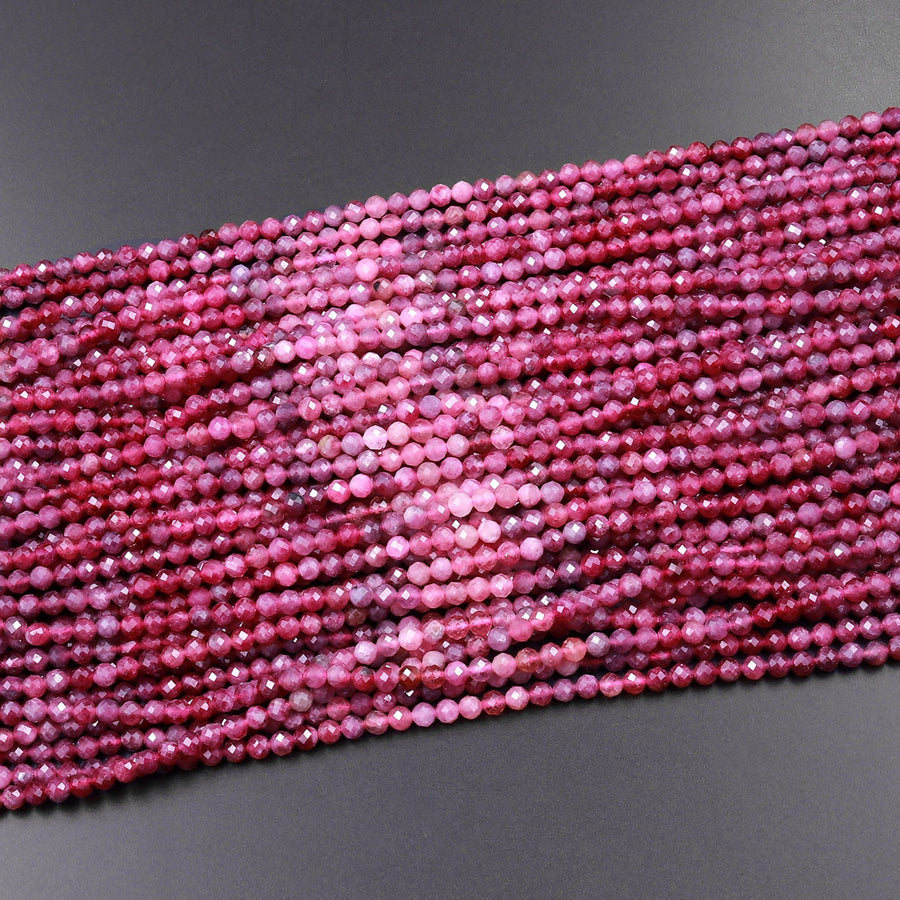 AAA Micro Faceted Natural Red Pink Rubellite Tourmaline Faceted 3mm 4mm Round Beads Diamond Cut Gemstone 15.5" Strand