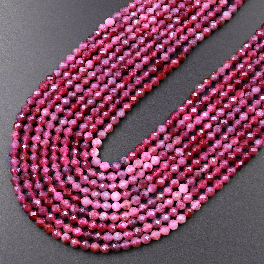 AAA Micro Faceted Natural Red Pink Rubellite Tourmaline Faceted 3mm 4mm Round Beads Diamond Cut Gemstone 15.5" Strand