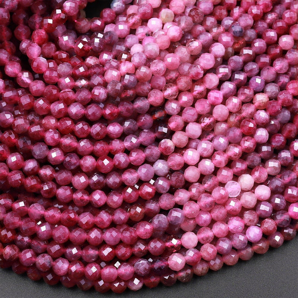 AAA Micro Faceted Natural Red Pink Rubellite Tourmaline Faceted 3mm 4mm Round Beads Diamond Cut Gemstone 15.5" Strand