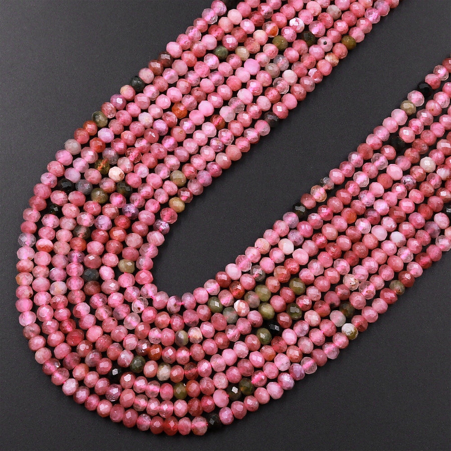 Faceted Natural Pink Tourmaline Rondelle 3mm Beads Diamond Cut Gemstone 15.5" Strand