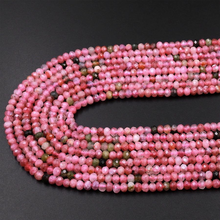 Faceted Natural Pink Tourmaline Rondelle 3mm Beads Diamond Cut Gemstone 15.5" Strand