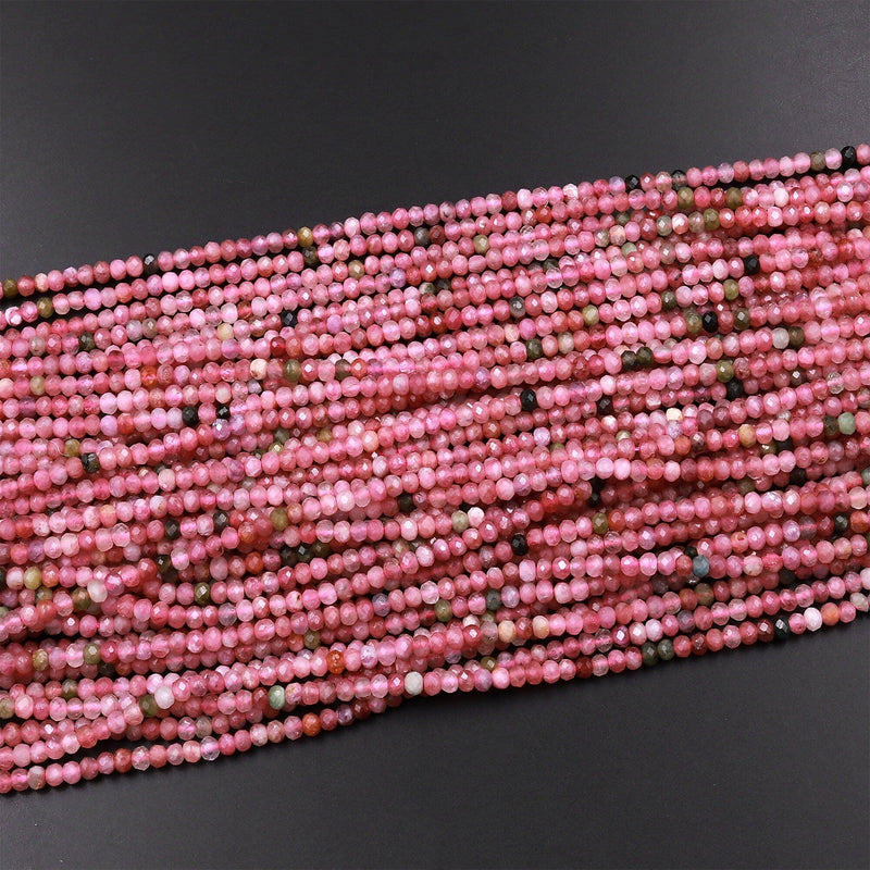 Faceted Natural Pink Tourmaline Rondelle 3mm Beads Diamond Cut Gemstone 15.5" Strand