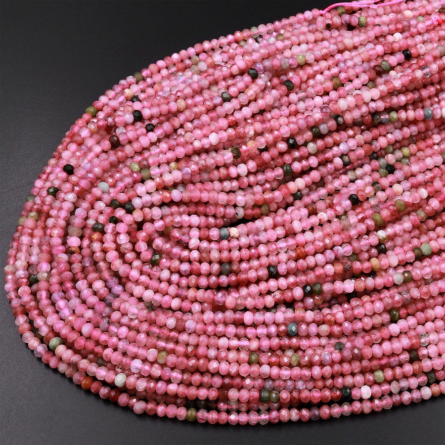 Faceted Natural Pink Tourmaline Rondelle 3mm Beads Diamond Cut Gemstone 15.5" Strand