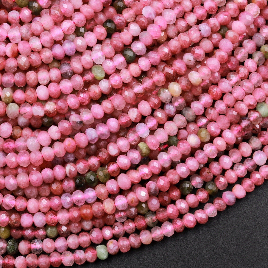 Faceted Natural Pink Tourmaline Rondelle 3mm Beads Diamond Cut Gemstone 15.5" Strand