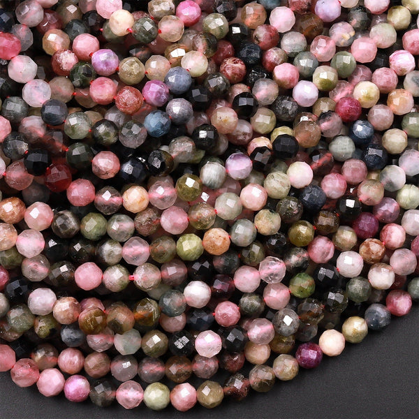Natural Multicolor Tourmaline Micro Faceted 4mm 5mm Round Pink Green Blue Gemstone Beads 15.5" Strand