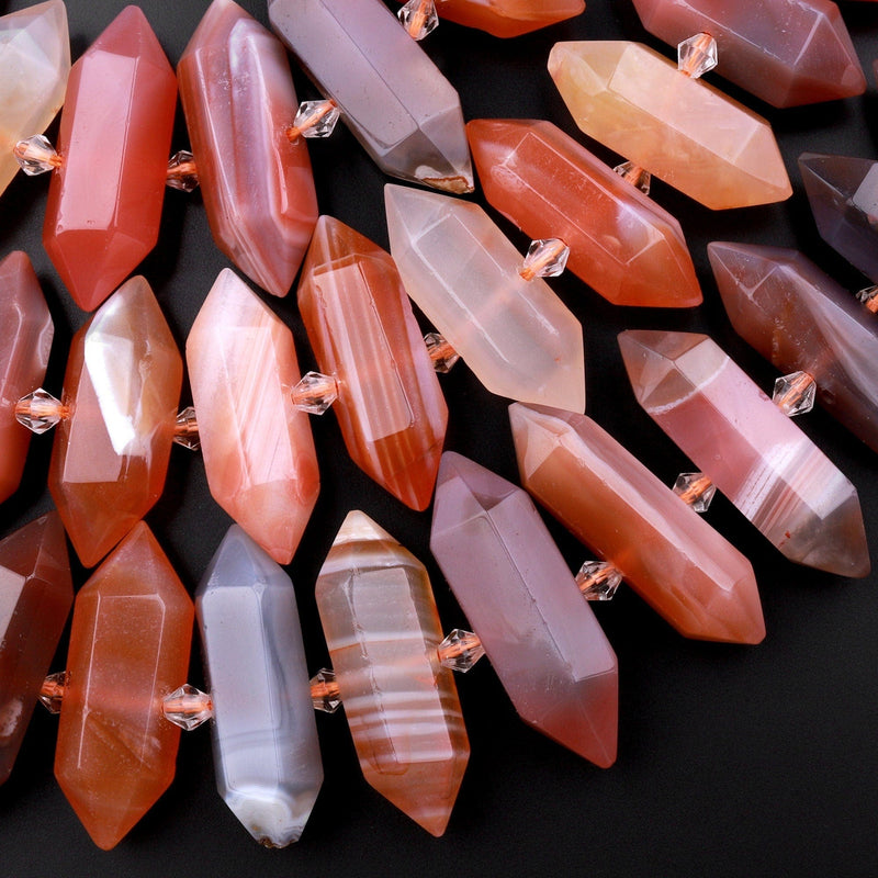 Rare Botswana Red Agate Beads Faceted Double Terminated Points Center Drilled Large Healing Natural Red Crystal Focal Pendant 15.5" Strand