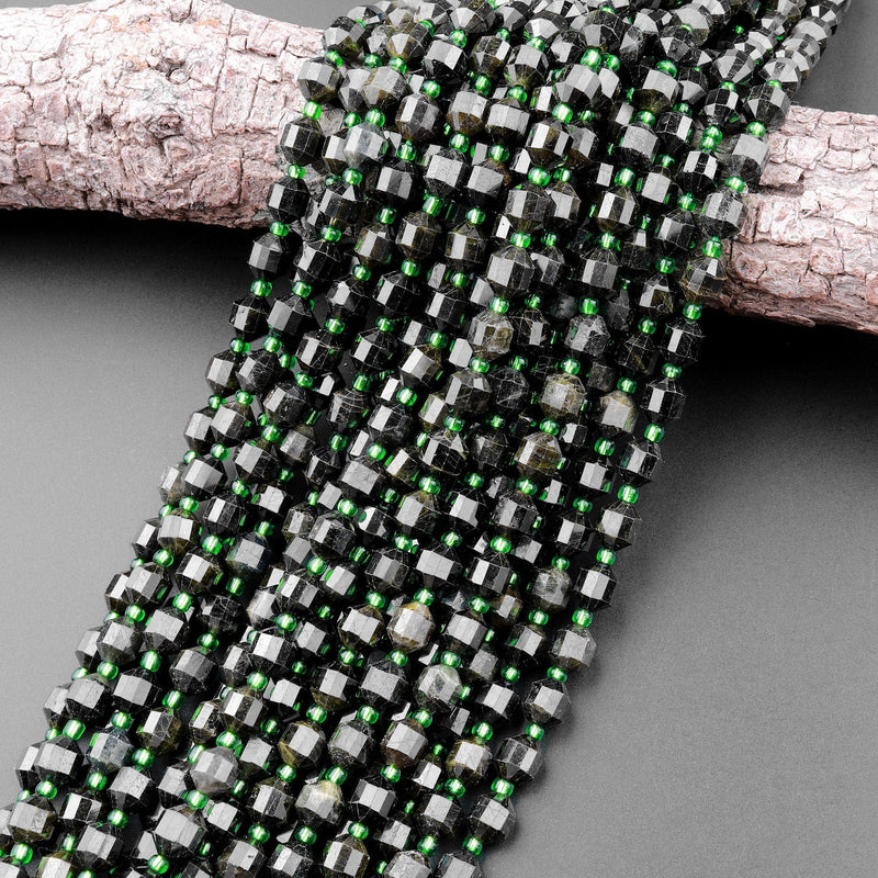 Natural Green Tourmaline Faceted 8mm Beads Energy Prism Double Terminated Points 15.5" Strand