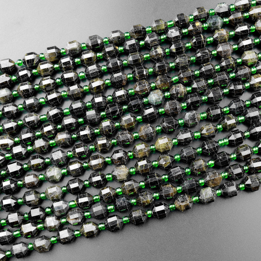 Natural Green Tourmaline Faceted 8mm Beads Energy Prism Double Terminated Points 15.5" Strand