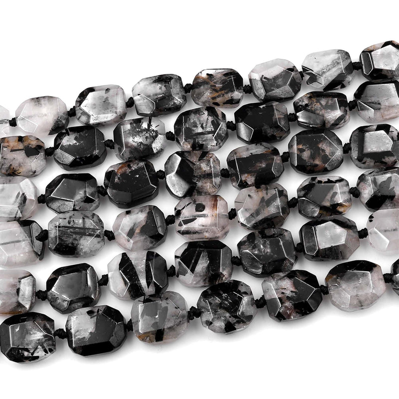 Natural Black Tourmaline Rutilated Quartz Faceted Rectangle Beads 15.5" Strand