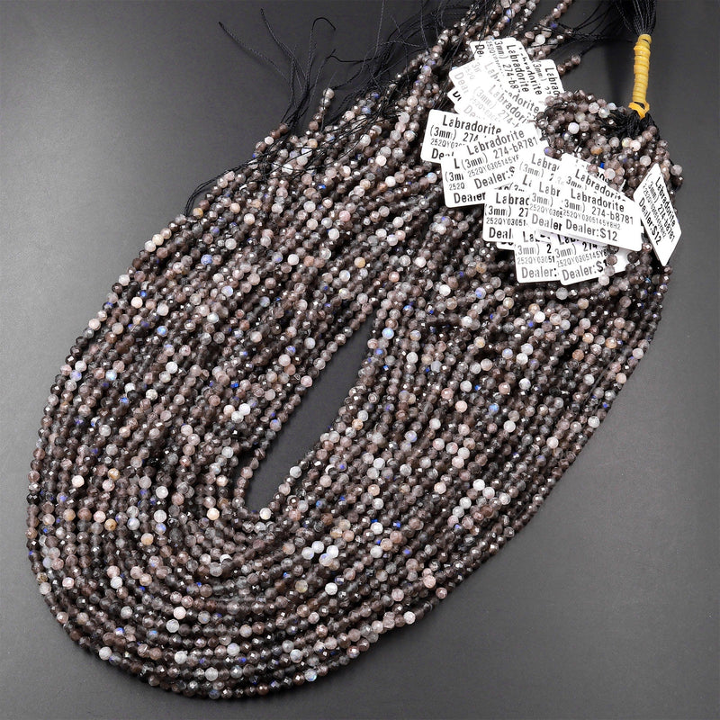 Micro Faceted Natural Smoky Brown Labradorite 3mm Round Beads 15.5" Strand