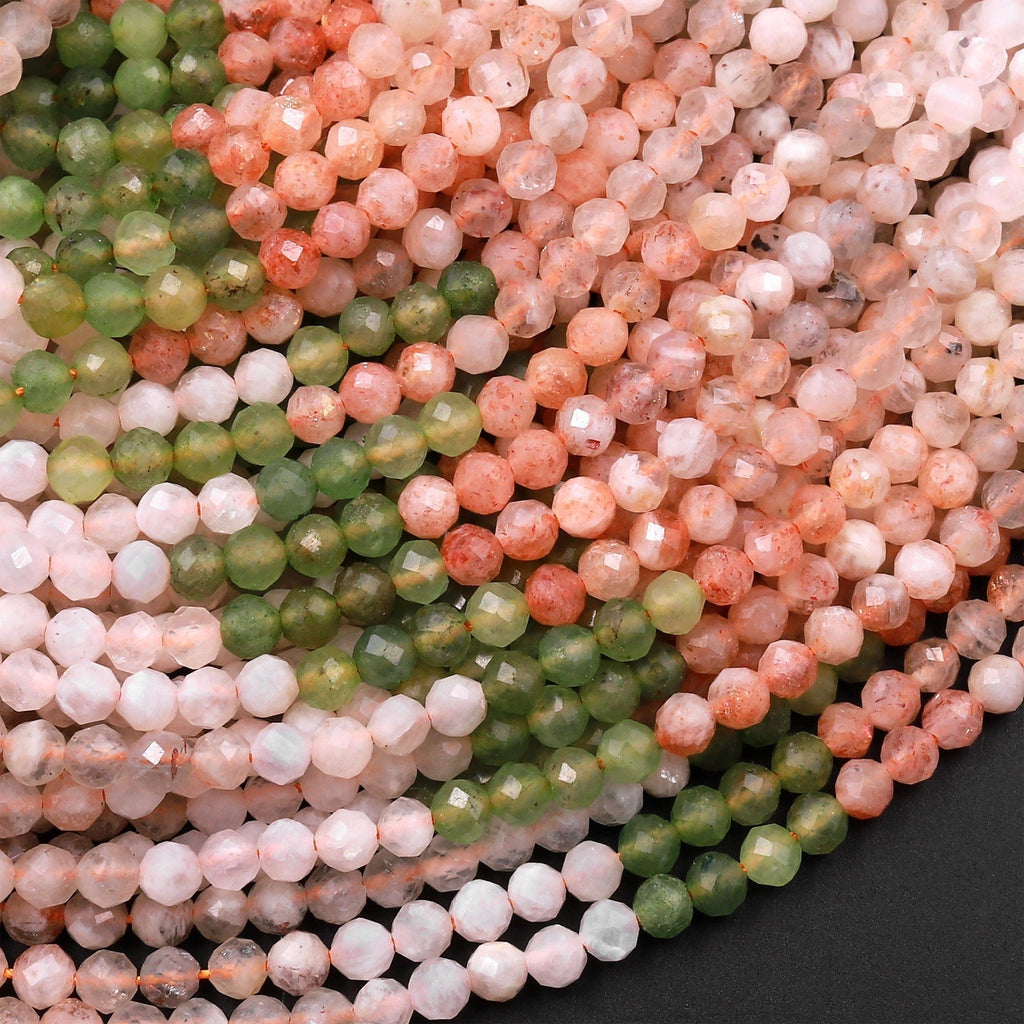 Micro Faceted Multicolor Mixed Gemstone Round Beads 3mm 4mm Sunstone Green Jade 15.5" Strand