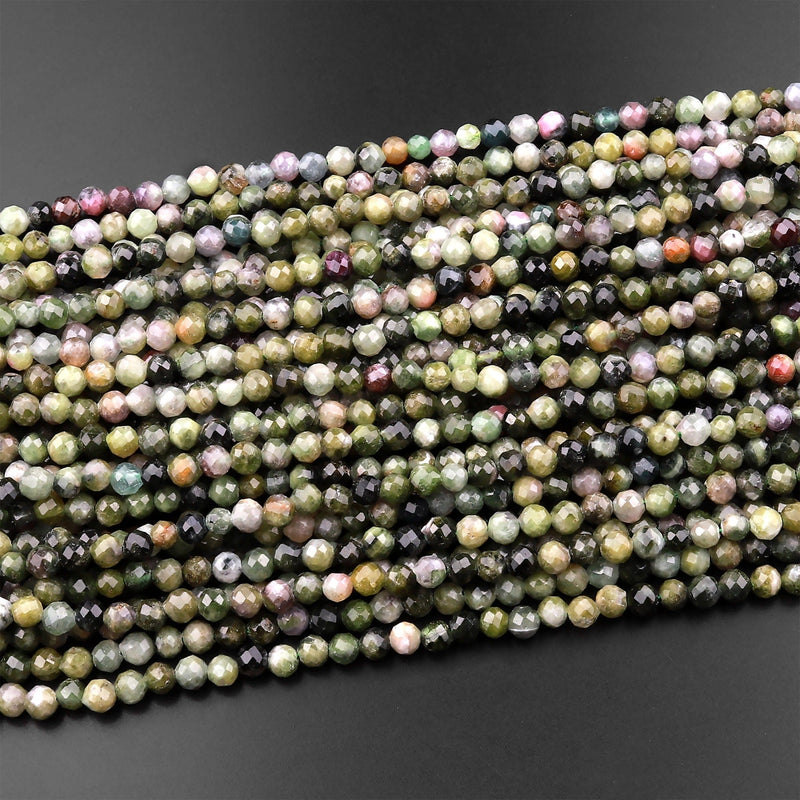 Natural Green Tourmaline Faceted 4mm 5mm Round Beads Micro Diamond Cut Gemstone 15.5" Strand
