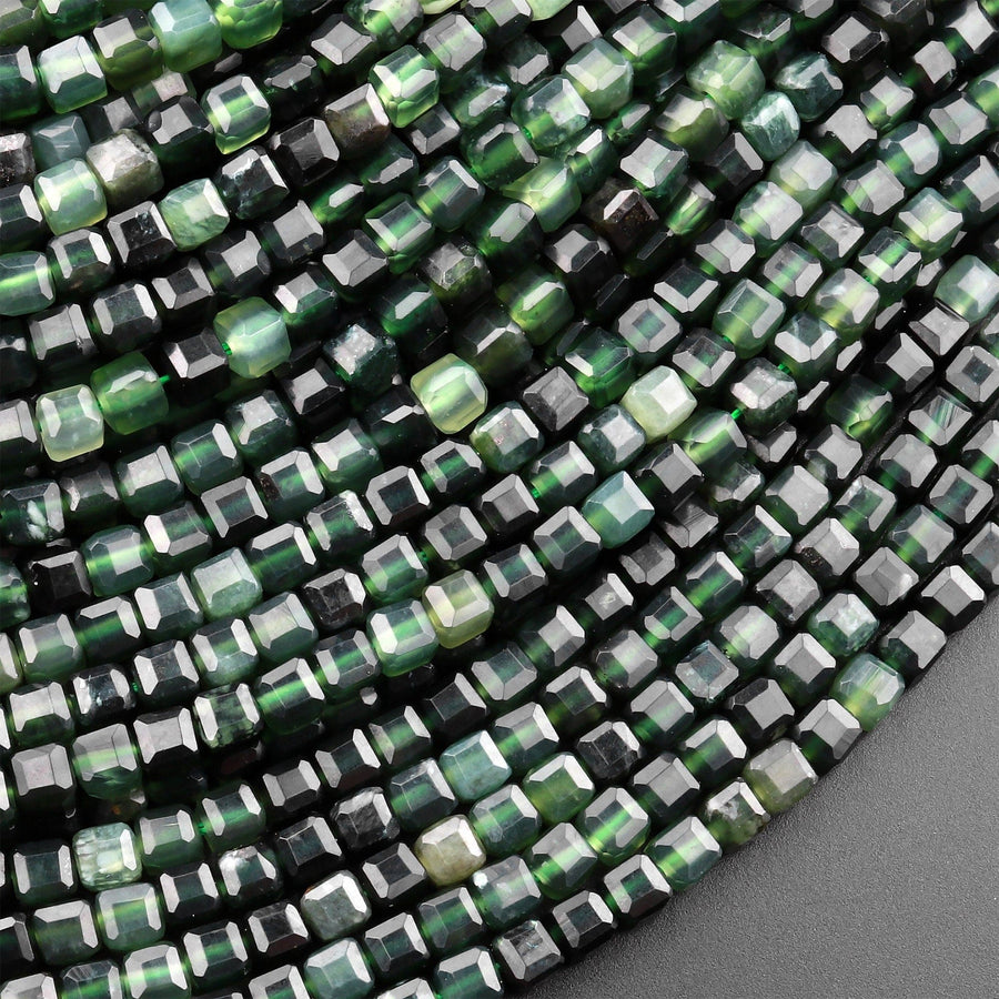 Natural Russian Dark Green Jade Faceted 4mm Cube Square Dice Beads Gemstone 15.5" Strand