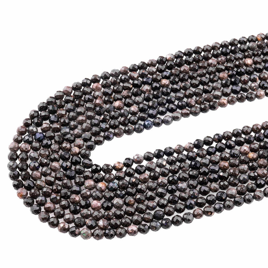 Natural Australian Black Opal Faceted 3mm 4mm Round Beads 15.5" Strand