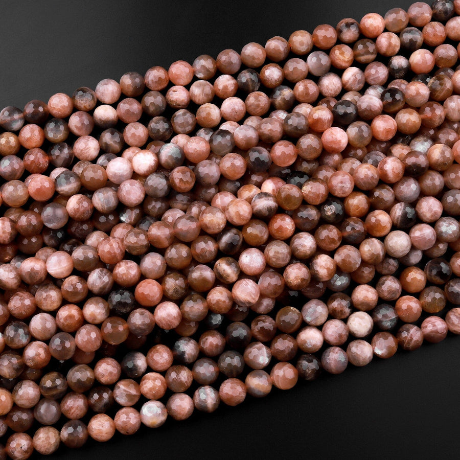 Faceted Natural Black Sunstone 6mm 8mm Round Beads 15.5" Strand