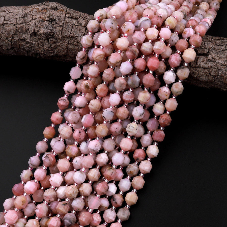 Natural Peruvian Pink Opal 8mm Beads Faceted Energy Prism Double Point Cut 15.5" Strand