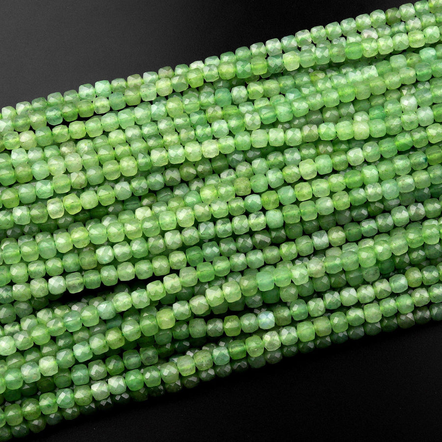 Natural Russian Green Jade Faceted 4mm Cube Square Dice Beads Gemstone 15.5" Strand