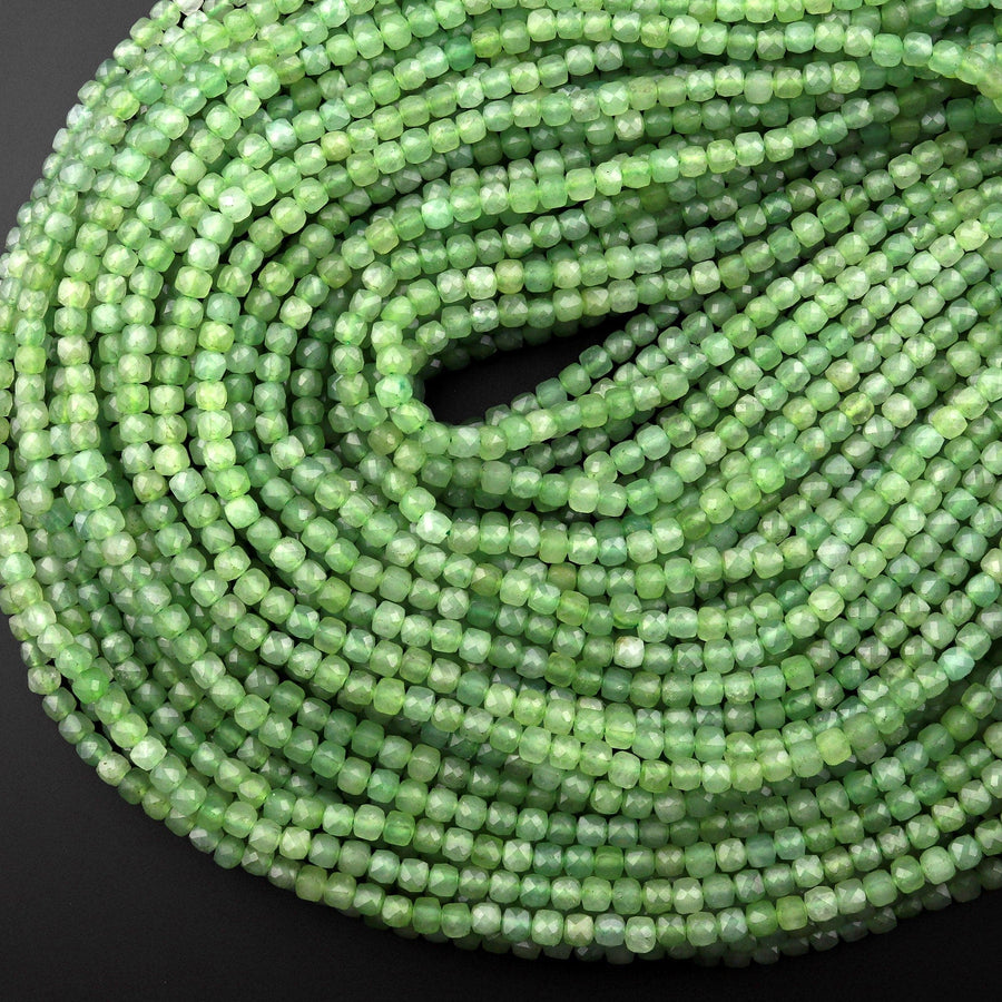 Natural Russian Green Jade Faceted 4mm Cube Square Dice Beads Gemstone 15.5" Strand