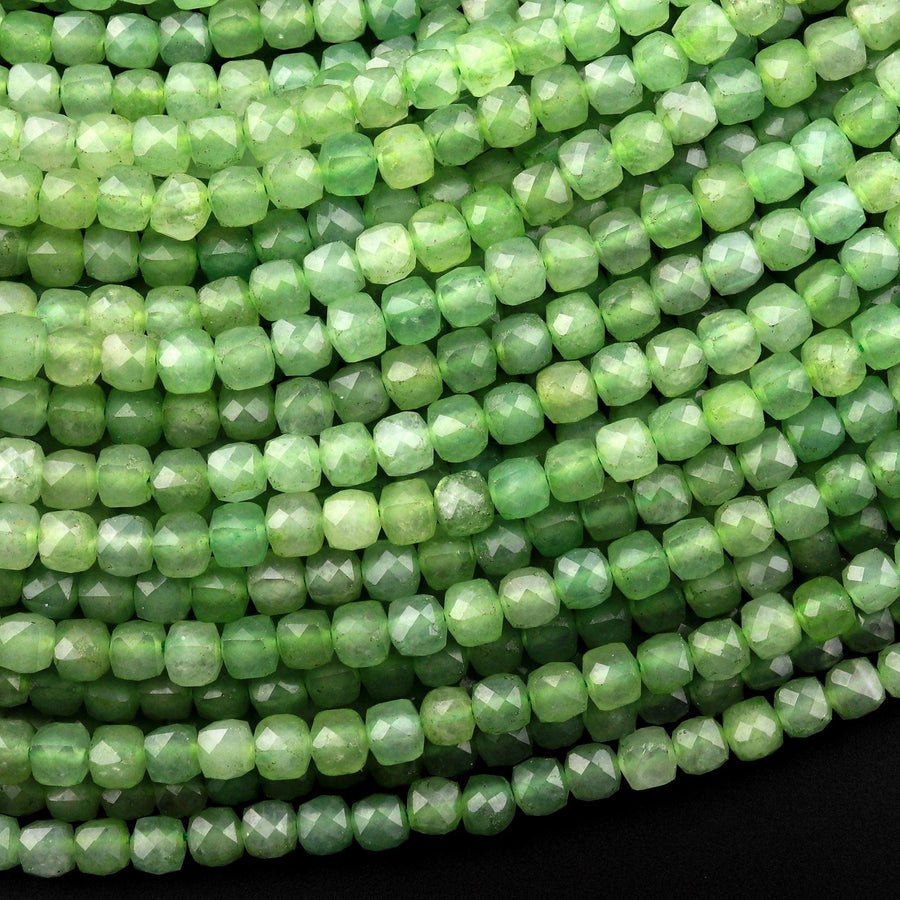 Natural Russian Green Jade Faceted 4mm Cube Square Dice Beads Gemstone 15.5" Strand