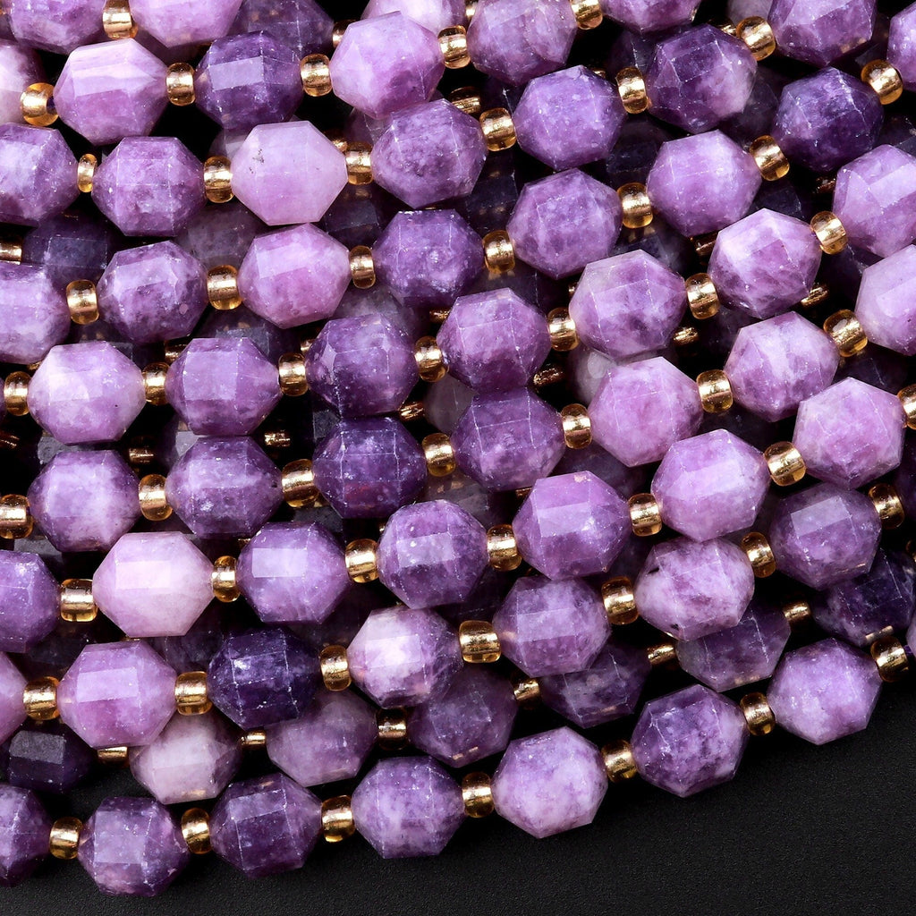 Natural Purple Lepidolite 8mm Beads Faceted Energy Prism Double Point Cut 15.5" Strand