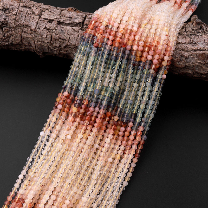Micro Faceted Multicolor Mixed Gemstone Round Beads 3mm Red Quartz Fluorite Citrine 15.5" Strand