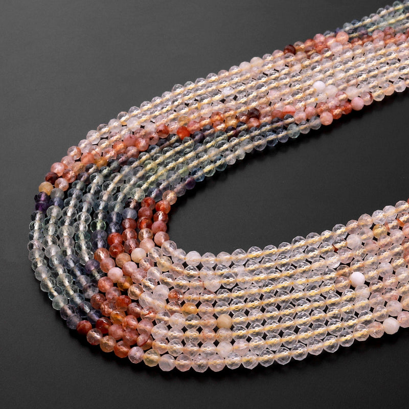 Micro Faceted Multicolor Mixed Gemstone Round Beads 3mm Red Quartz Fluorite Citrine 15.5" Strand