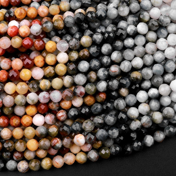 Micro Faceted 3mm 4mm Red Gray Eagle Eye Round Beads 15.5" Strand