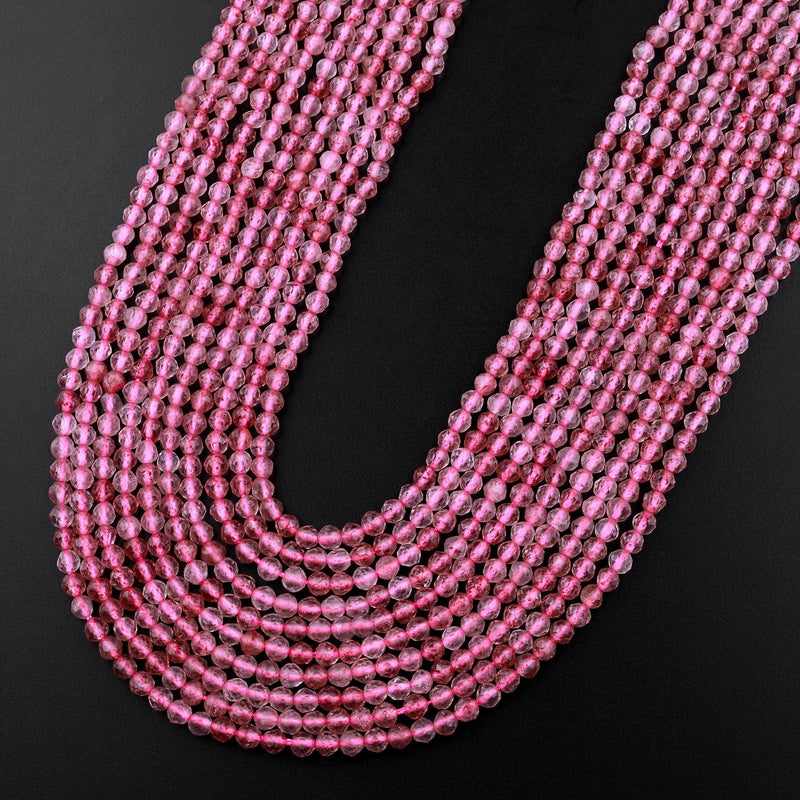 Micro Faceted Strawberry Quartz 2mm 3mm Round Beads Natural Pink Red Gemstones 15.5" Strand