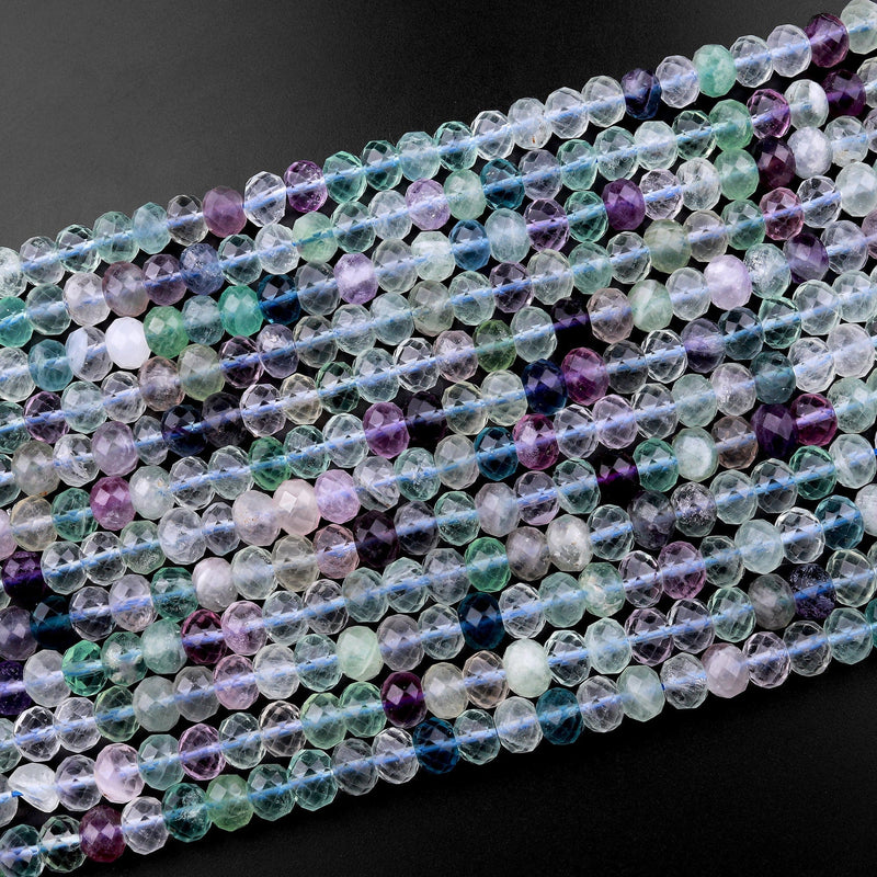 Natural Multicolor Fluorite Faceted 6mm 8mm Rondelle Beads Micro Laser Cut Purple Green Gemstone Bead 15.5" Strand