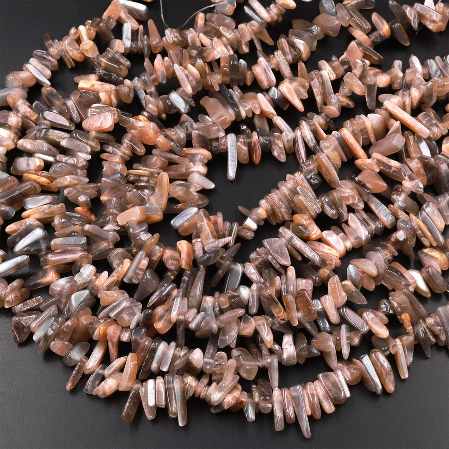 Natural Peach Gray Moonstone Freeform Chip Nugget Spike Beads 15.5" Strand