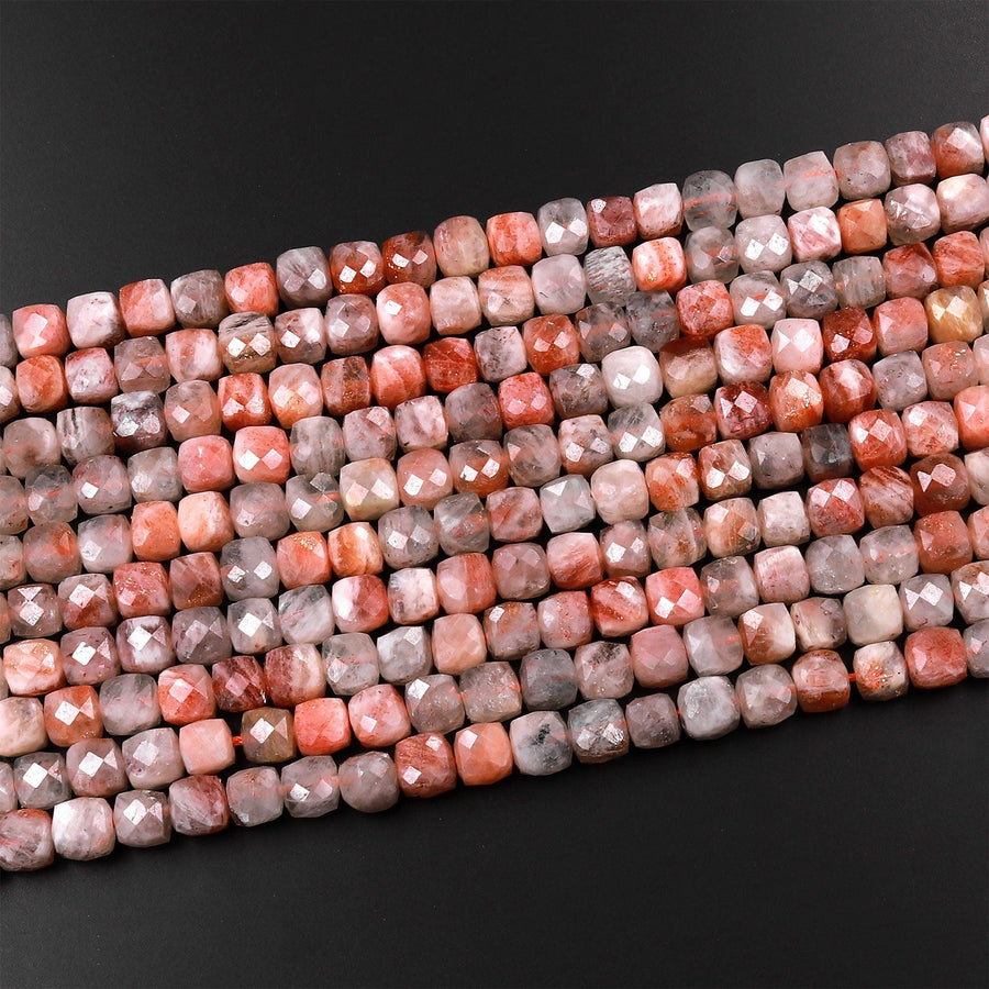 Faceted Natural Aventurescent Sunstone Cube Beads 6mm 8mm 15.5" Strand