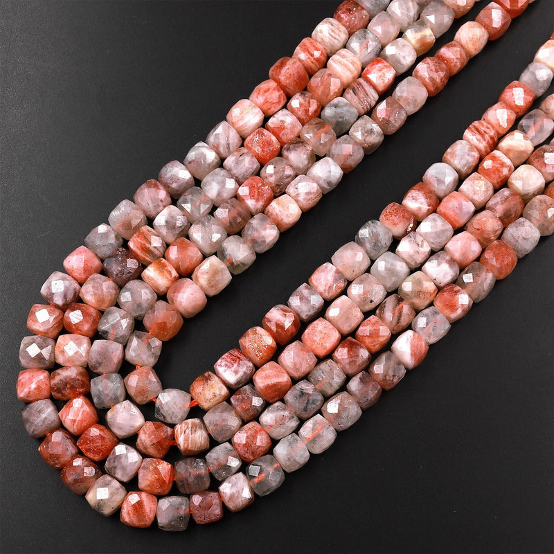 Faceted Natural Aventurescent Sunstone Cube Beads 6mm 8mm 15.5" Strand