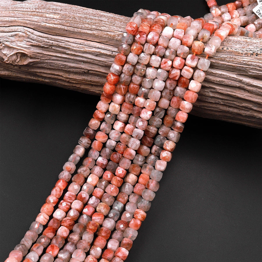 Faceted Natural Aventurescent Sunstone Cube Beads 6mm 8mm 15.5" Strand