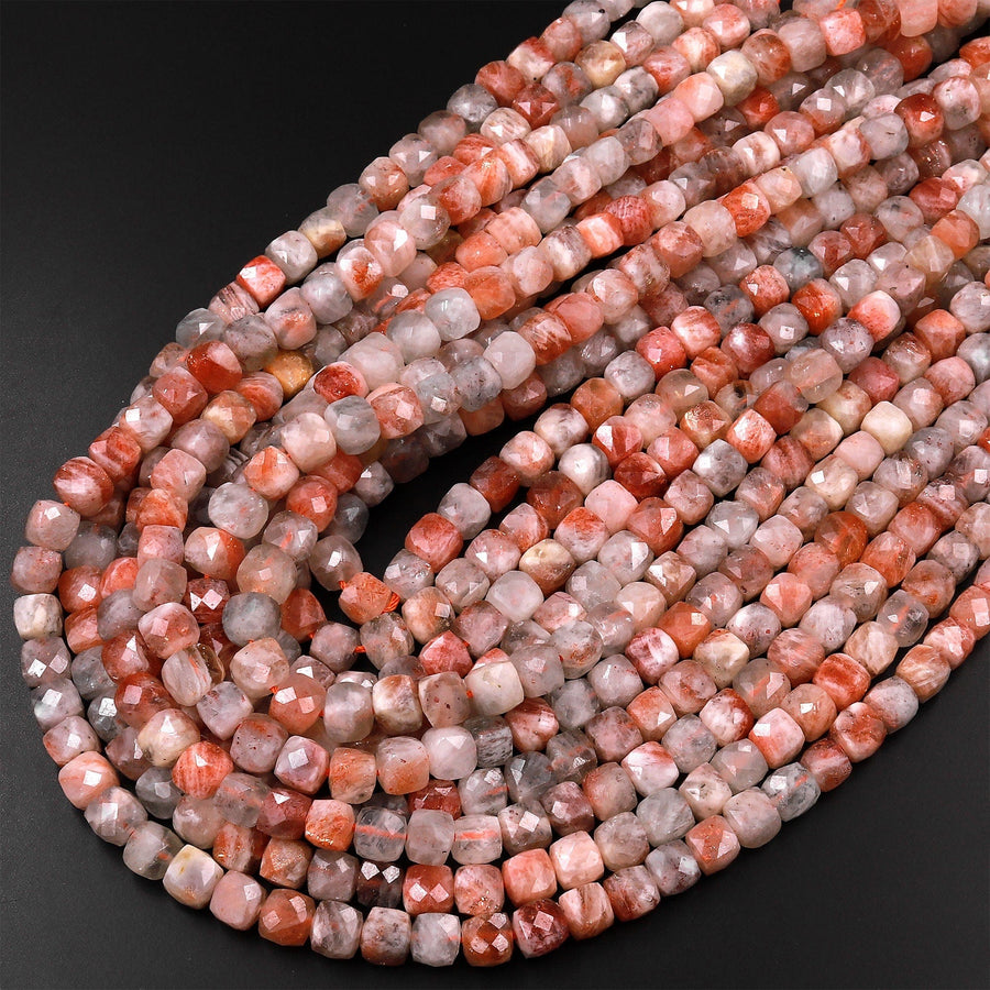 Faceted Natural Aventurescent Sunstone Cube Beads 6mm 8mm 15.5" Strand