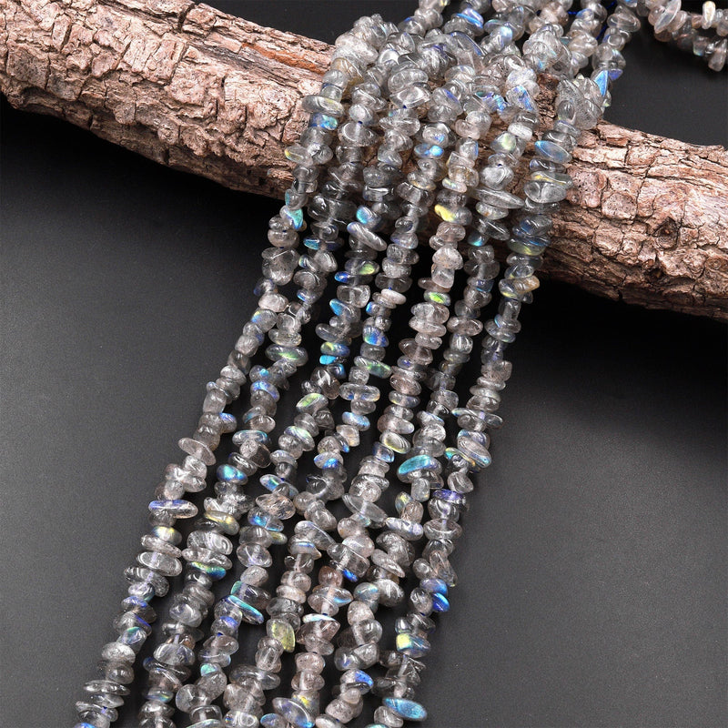 Natural Labradorite Green Blue Flashes Freeform Chip Pebble Nugget Beads Gemstone 15.5" Strand